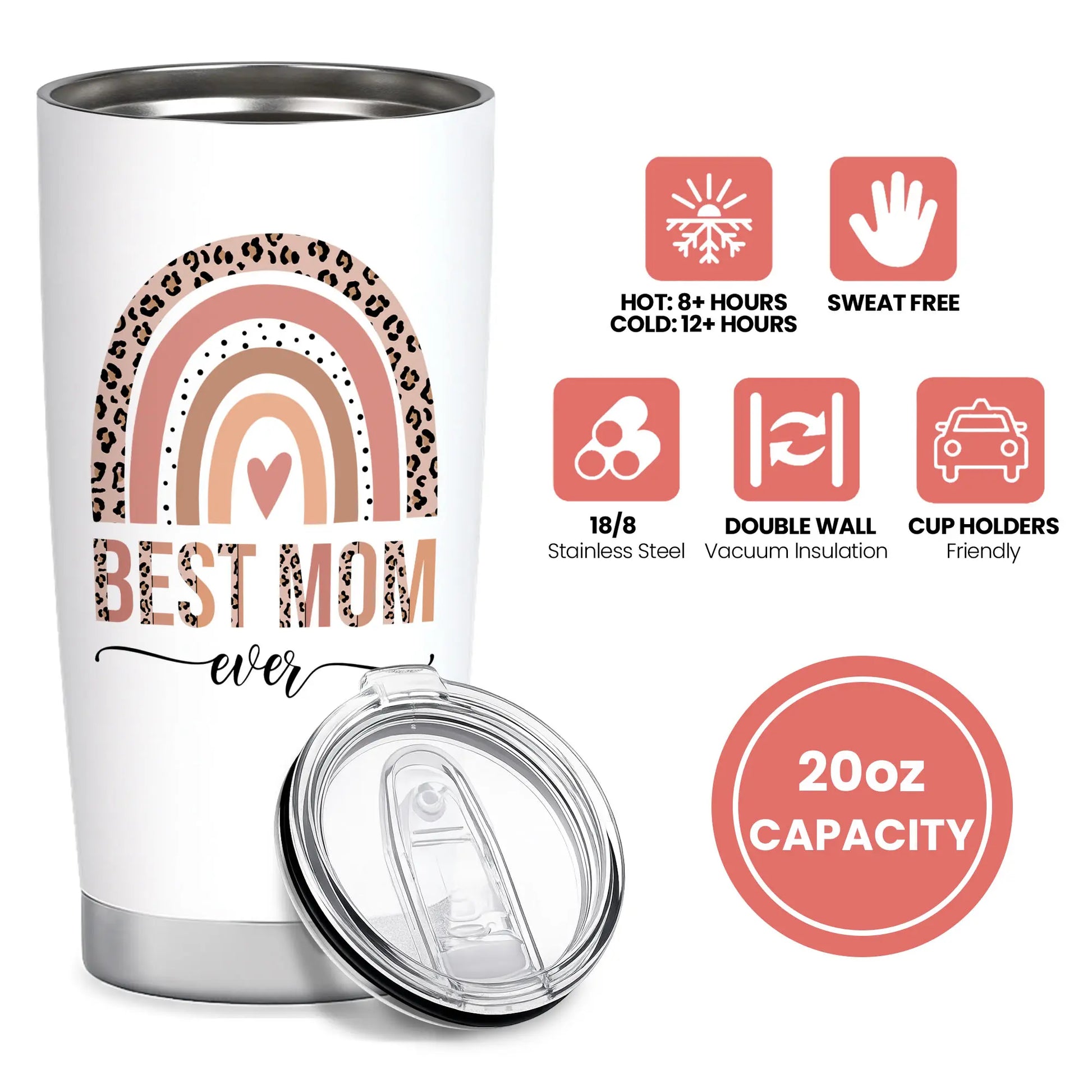 MAKEAGIFT Best Mom Ever 20 Oz Tumbler - #1 Mom Nutrition Facts Insulated Tumblers - Mothers Day, Birthday Gifts for Mom from Daughter, Son, Kids