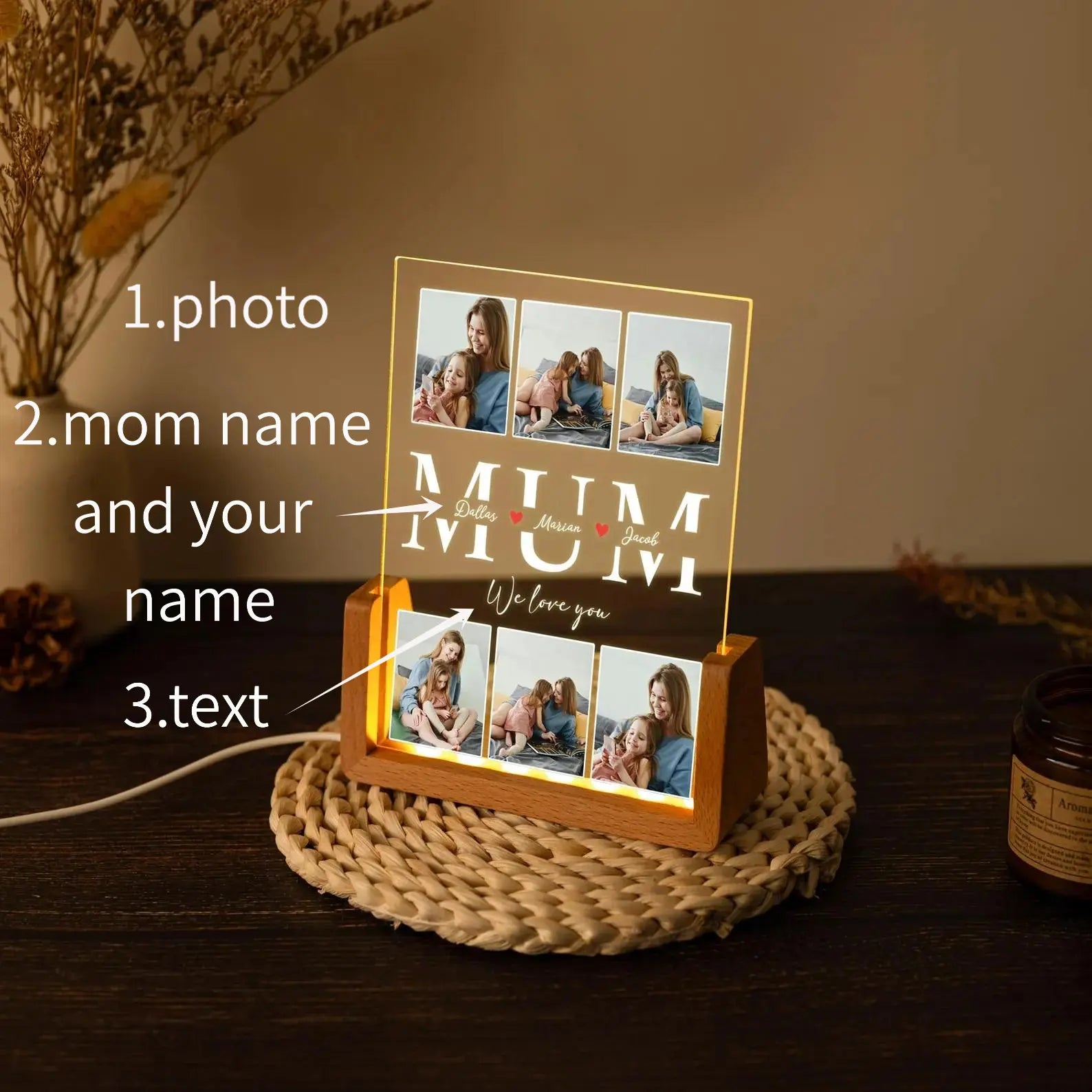 Personalized Photo Night Light, Mother'S Day Gift, Mother Gifts, Birthday Gift for Mommy, Custom Mother'S Day Gift for Mom Wife Grandma Nana, Mum Gift from Daughter, Custom Mother’S Day Night Light with Warm Walnut Wood Base, Bedroom Decor