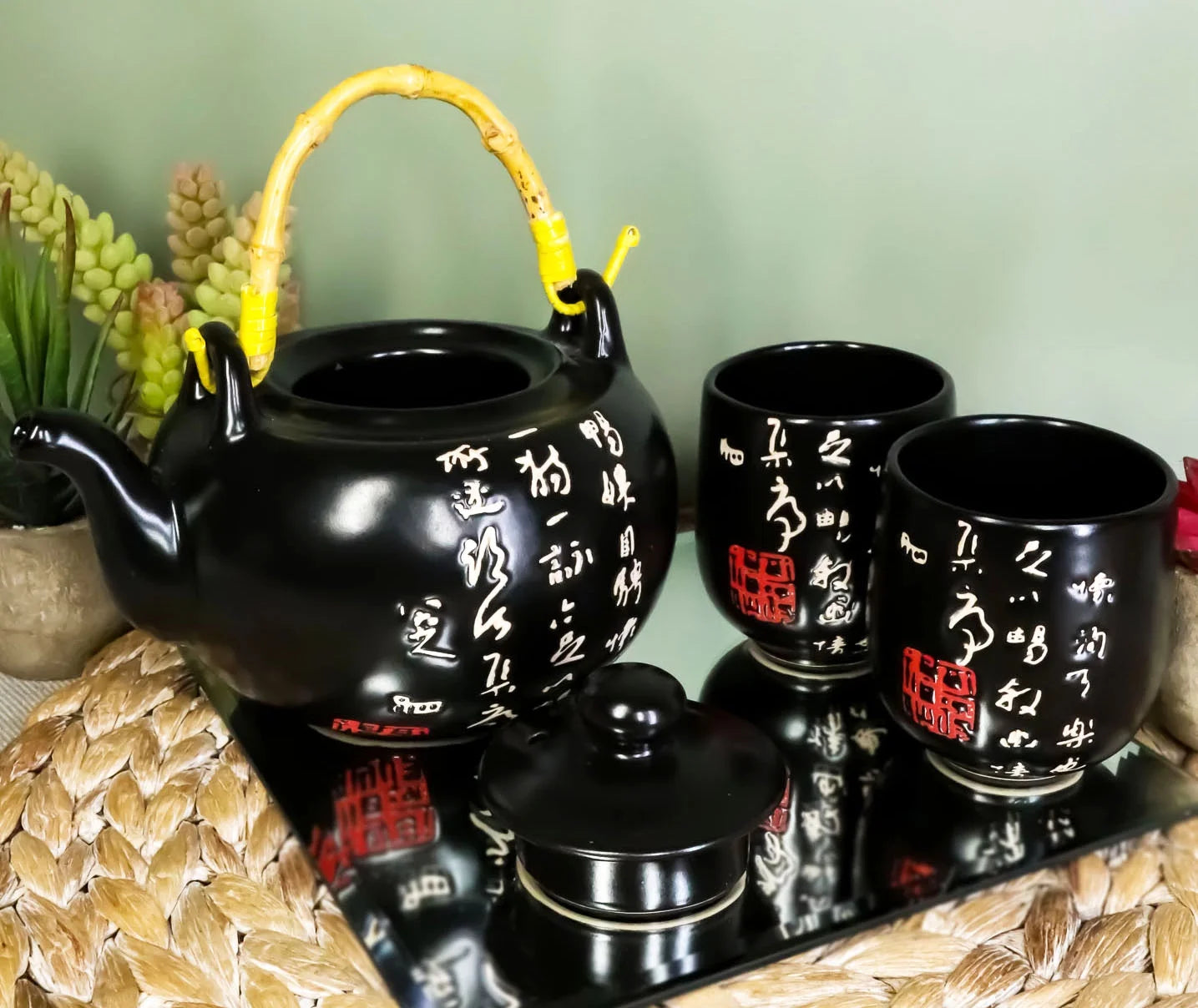 Chinese Calligraphy Black Glazed Porcelain 27Oz Tea Pot with 4 Cups Set Teapot