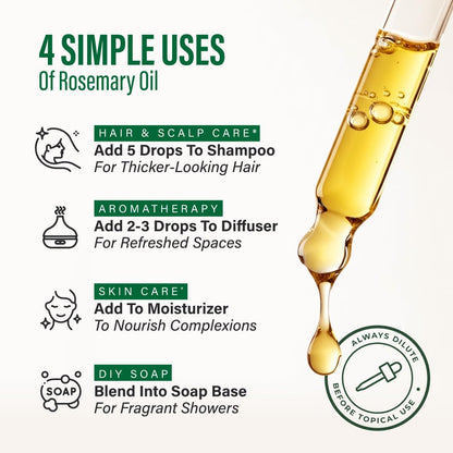 100% Pure Rosemary Oil - 4 Fl Oz Rosemary Essential Oil for Hair, Skin, Diffuser, Aromatherapy & DIY Soap Making Scent