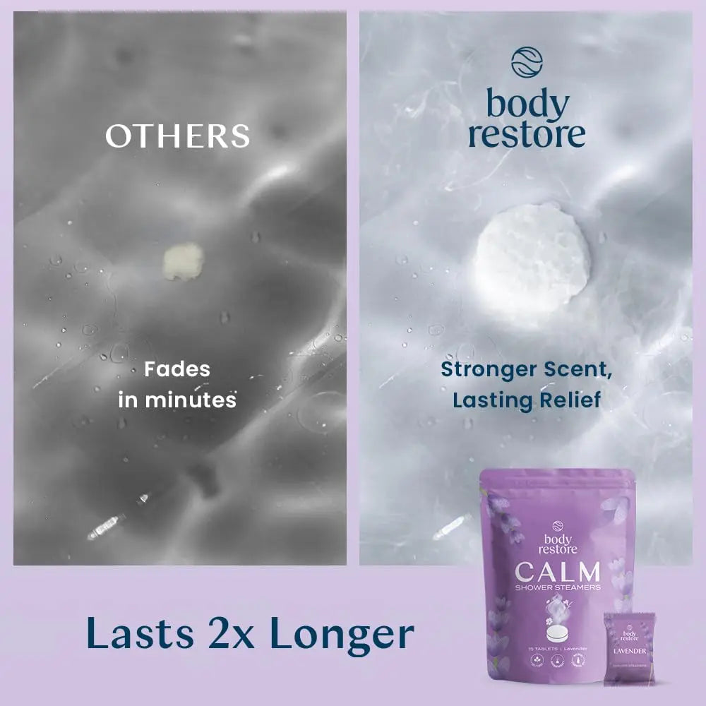 Body Restore Calm Shower Steamers - 15 Lavender Tablets for Relaxation & Stress Relief - Made in USA - Aromatherapy Gift for Peaceful Sleep Flower Friend