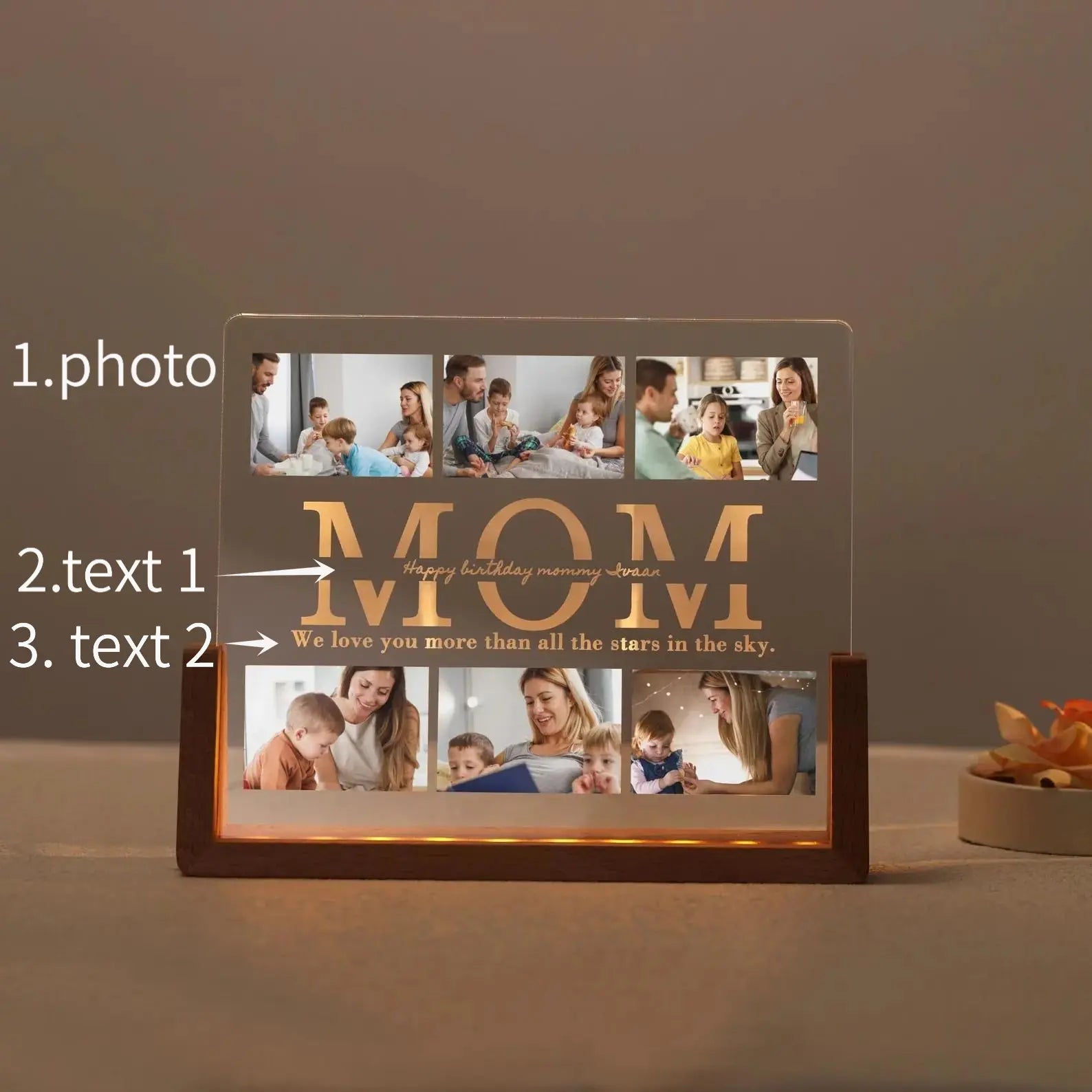 Personalized Photo Night Light, Mother'S Day Gift, Mother Gifts, Birthday Gift for Mommy, Custom Mother'S Day Gift for Mom Wife Grandma Nana, Mum Gift from Daughter, Custom Mother’S Day Night Light with Warm Walnut Wood Base, Bedroom Decor