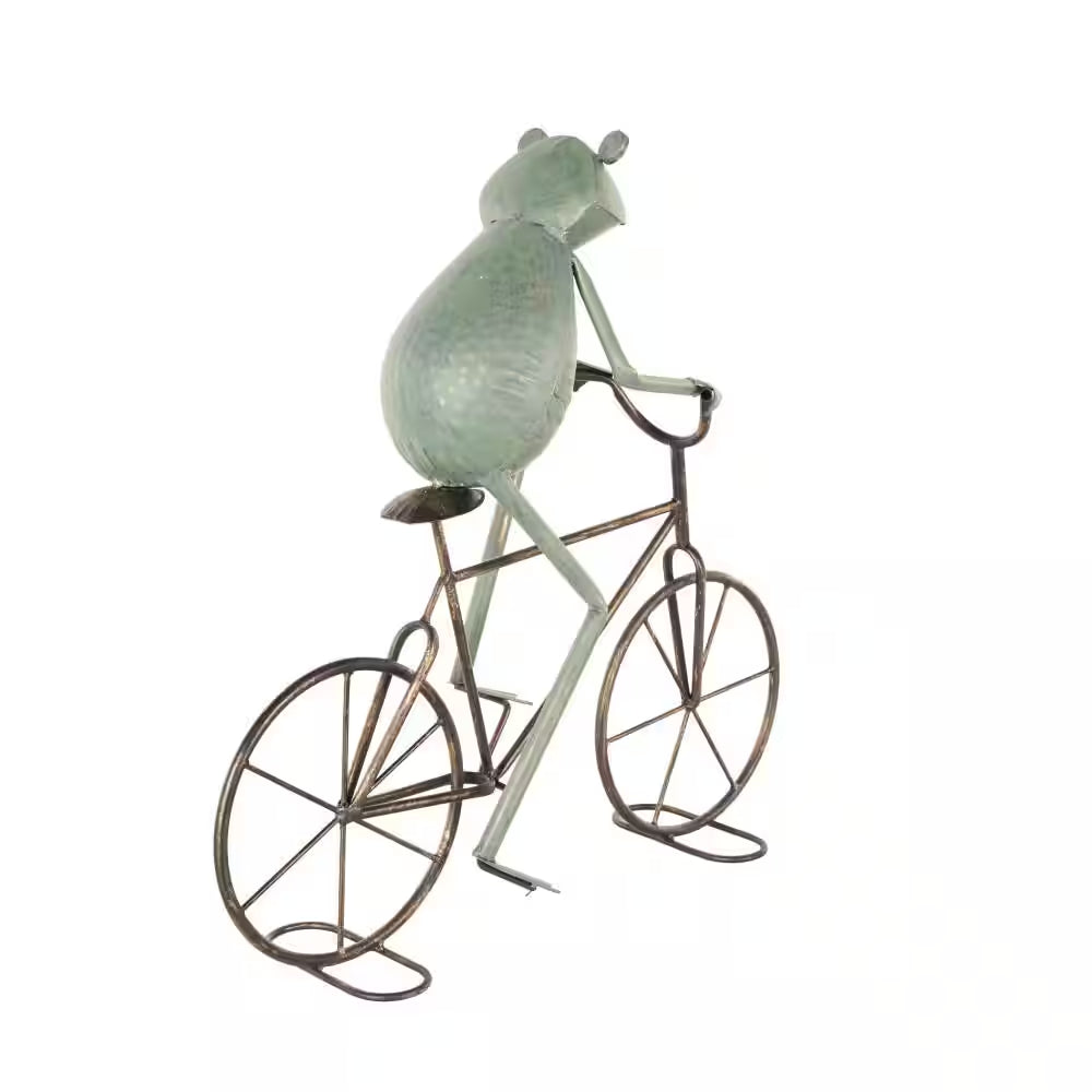 19 In. Metal on Bicycle Frog Garden Sculpture with Gold Accents