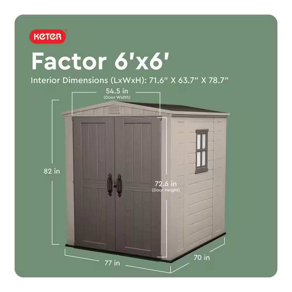 Factor 6 Ft. W X 6 Ft. D Outdoor Durable Resin Plastic Storage Shed with Double Doors, Taupe Brown (37.43 Sq. Ft.)