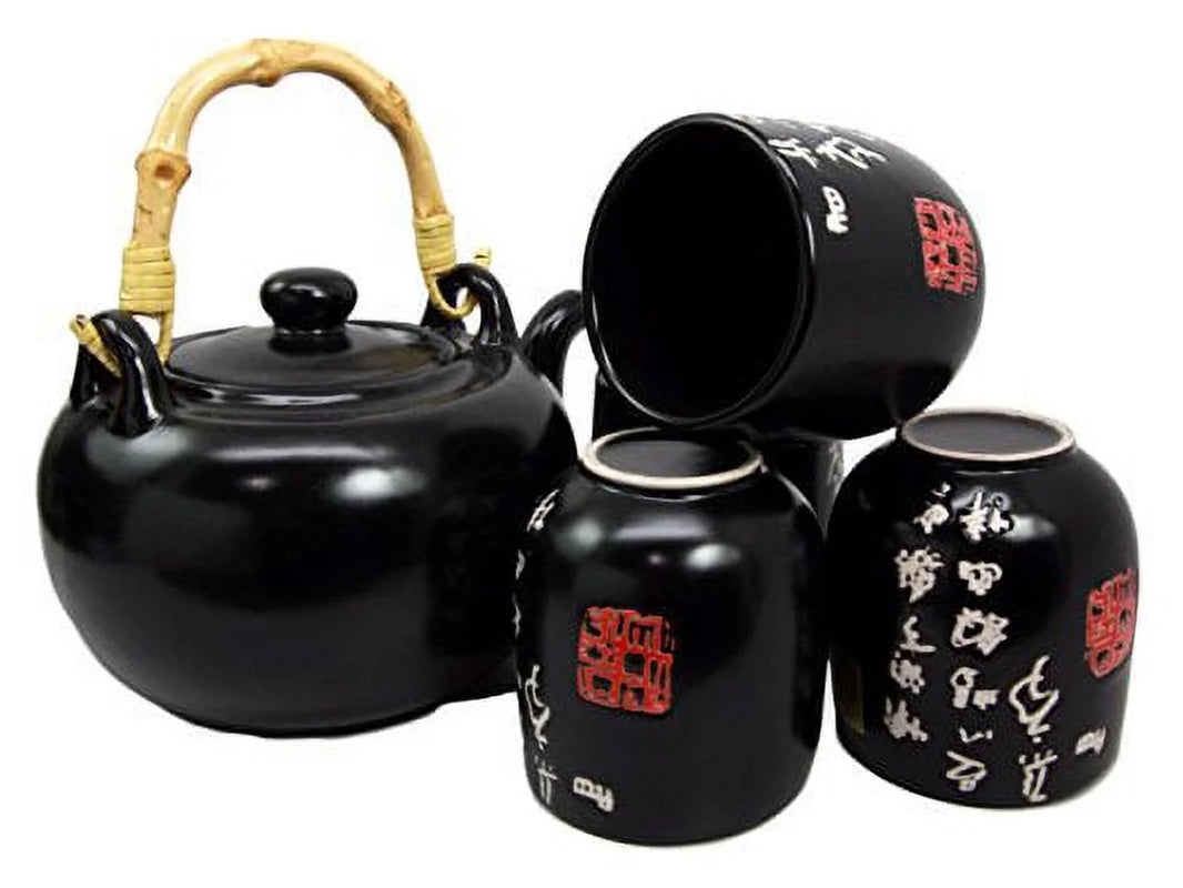Chinese Calligraphy Black Glazed Porcelain 27Oz Tea Pot with 4 Cups Set Teapot