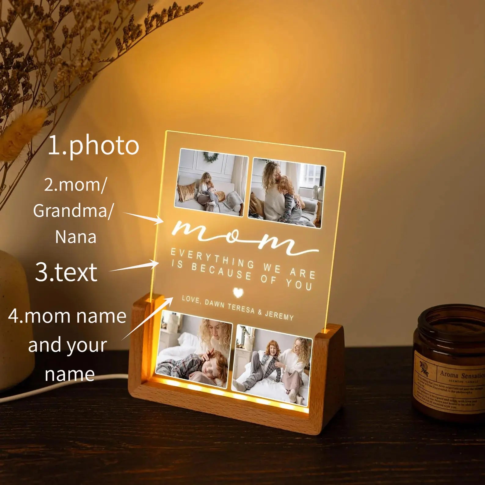 Personalized Photo Night Light, Mother'S Day Gift, Mother Gifts, Birthday Gift for Mommy, Custom Mother'S Day Gift for Mom Wife Grandma Nana, Mum Gift from Daughter, Custom Mother’S Day Night Light with Warm Walnut Wood Base, Bedroom Decor