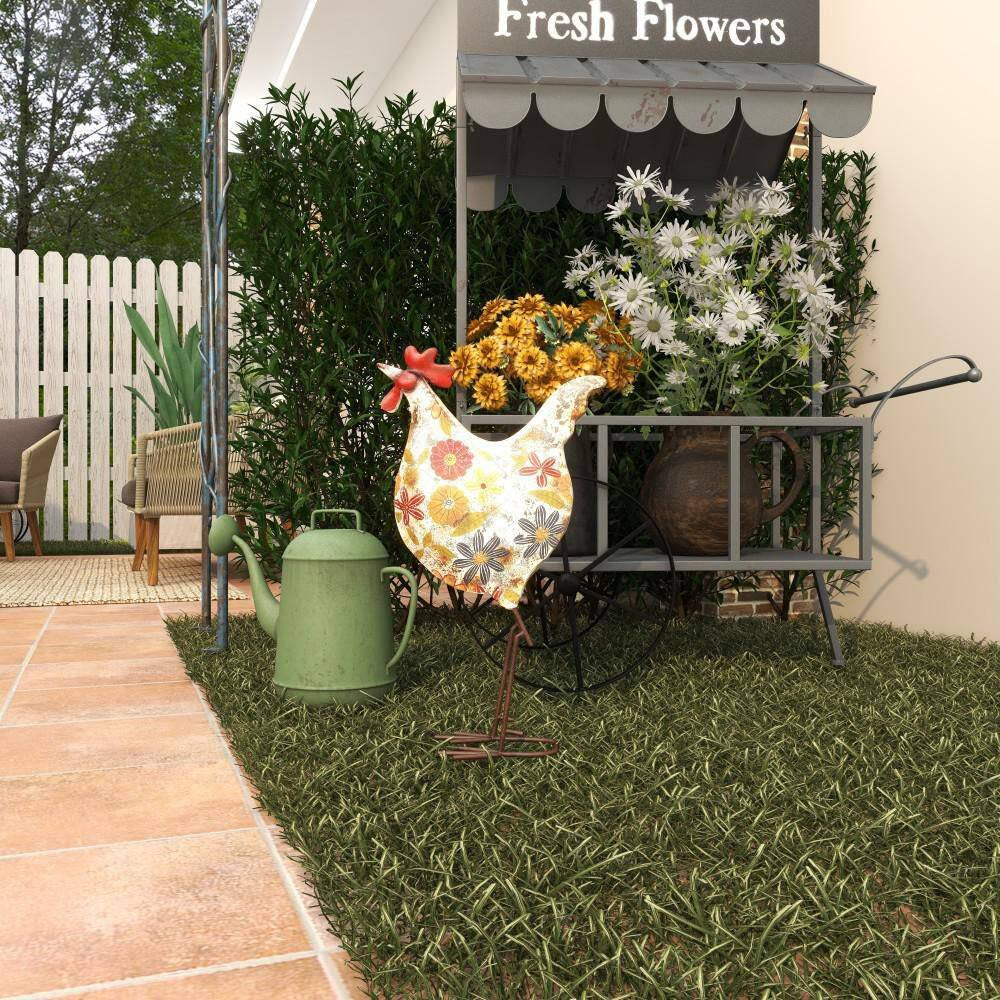 17 In. Metal Indoor Outdoor Distressed Standing Rooster Garden Sculpture with U Shaped Feet