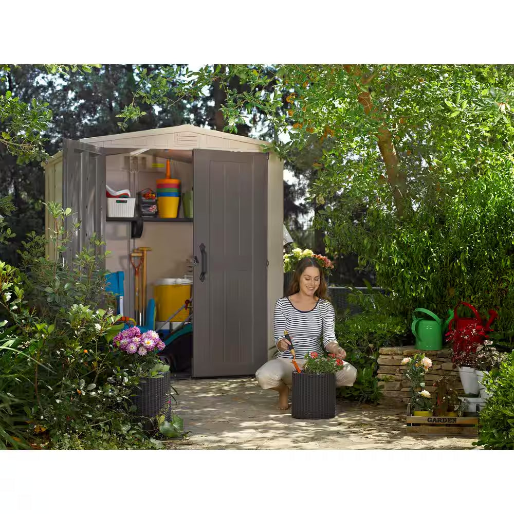Factor 6 Ft. W X 6 Ft. D Outdoor Durable Resin Plastic Storage Shed with Double Doors, Taupe Brown (37.43 Sq. Ft.)
