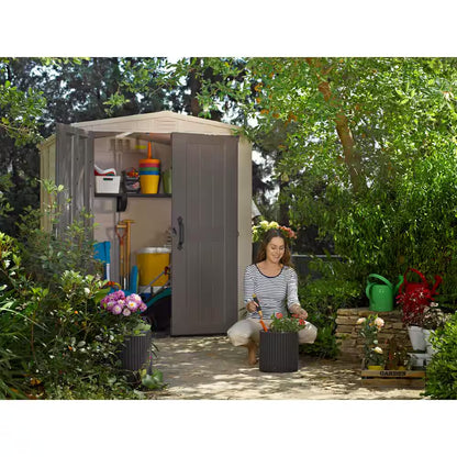 Factor 6 Ft. W X 6 Ft. D Outdoor Durable Resin Plastic Storage Shed with Double Doors, Taupe Brown (37.43 Sq. Ft.)