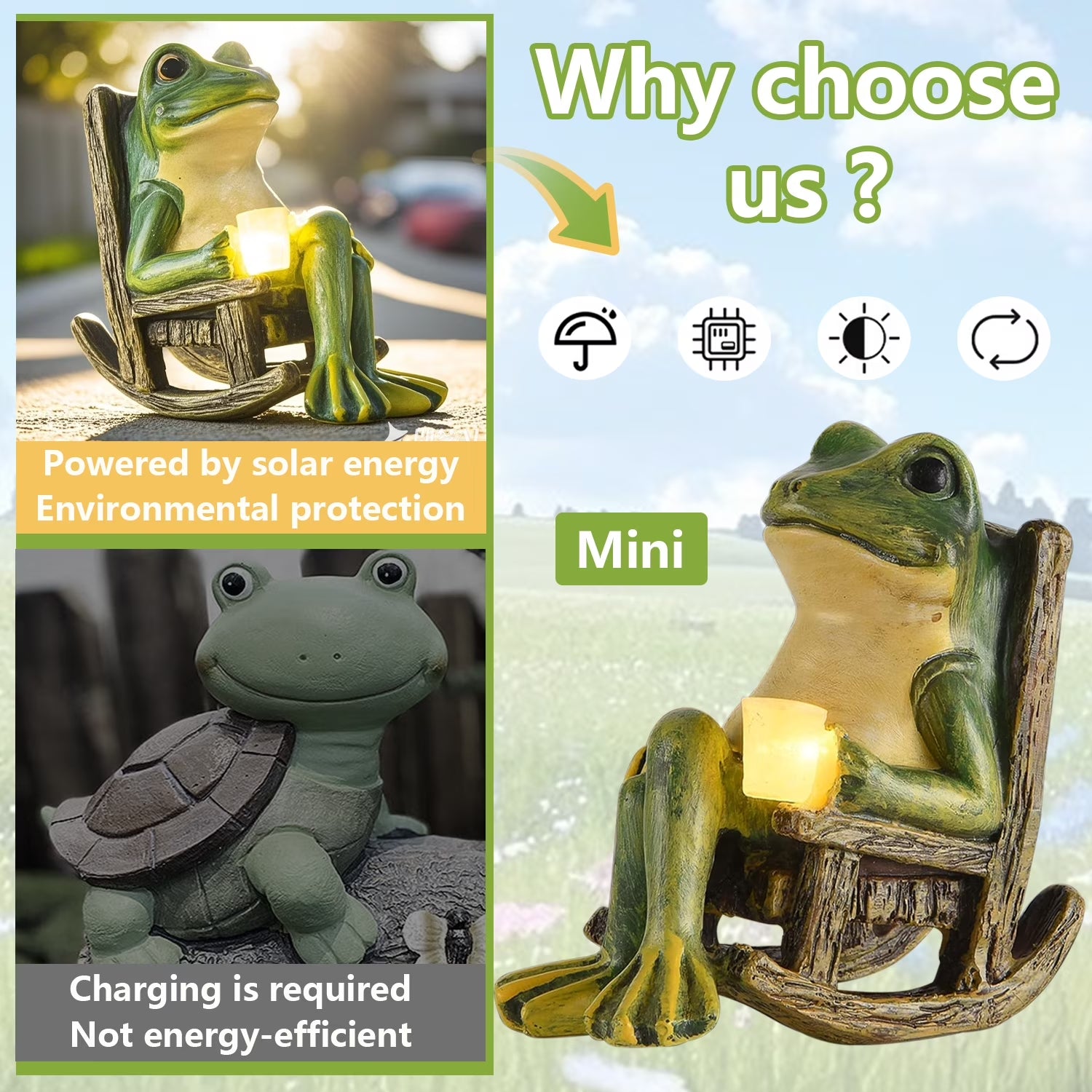 Solar Garden Statue, Miniature Frog Garden Statue with Warm LED Light, Waterproof Garden Solar Lights Outdoor/Indoor Yard Decor, Unique Housewarming Gift, 3.9" X 2.3" X 3.9"