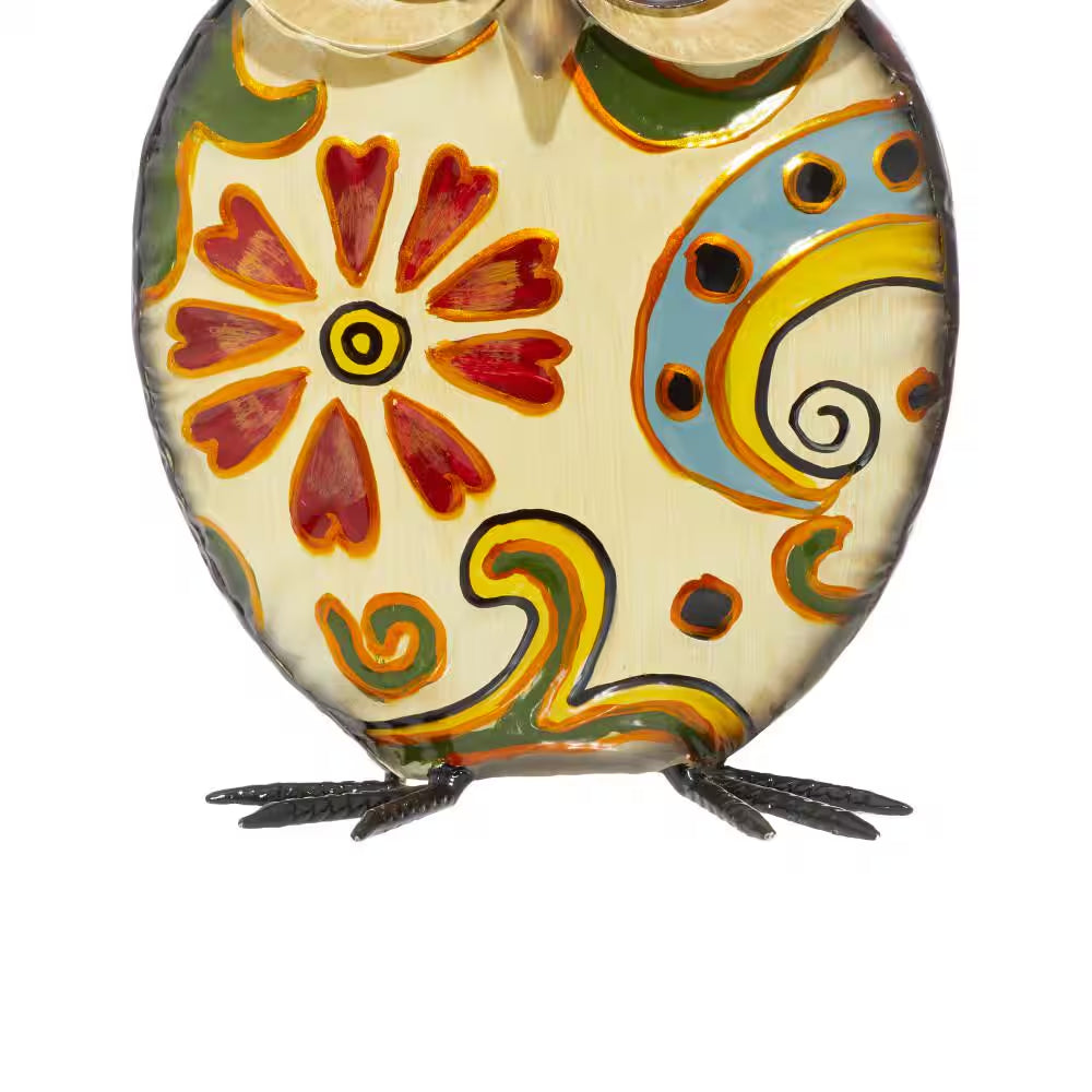 11 In. Metal Indoor Outdoor Owl Garden Sculpture with Floral Pattern