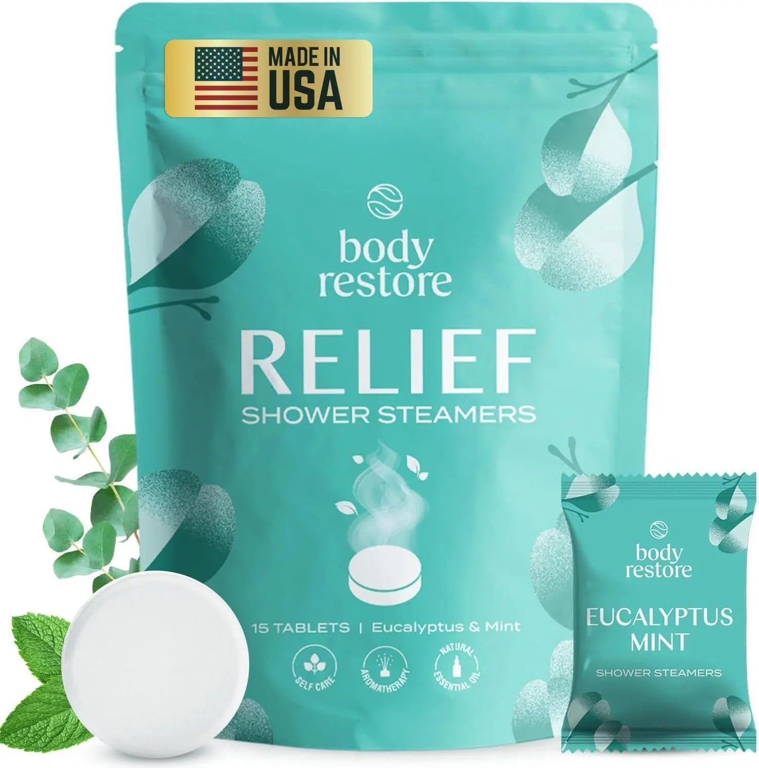 Body Restore Relief Shower Steamers - 15 Tablets Eucalyptus & Mint Blend for Nasal Congestion Relief Made in USA 375G Gift Friend