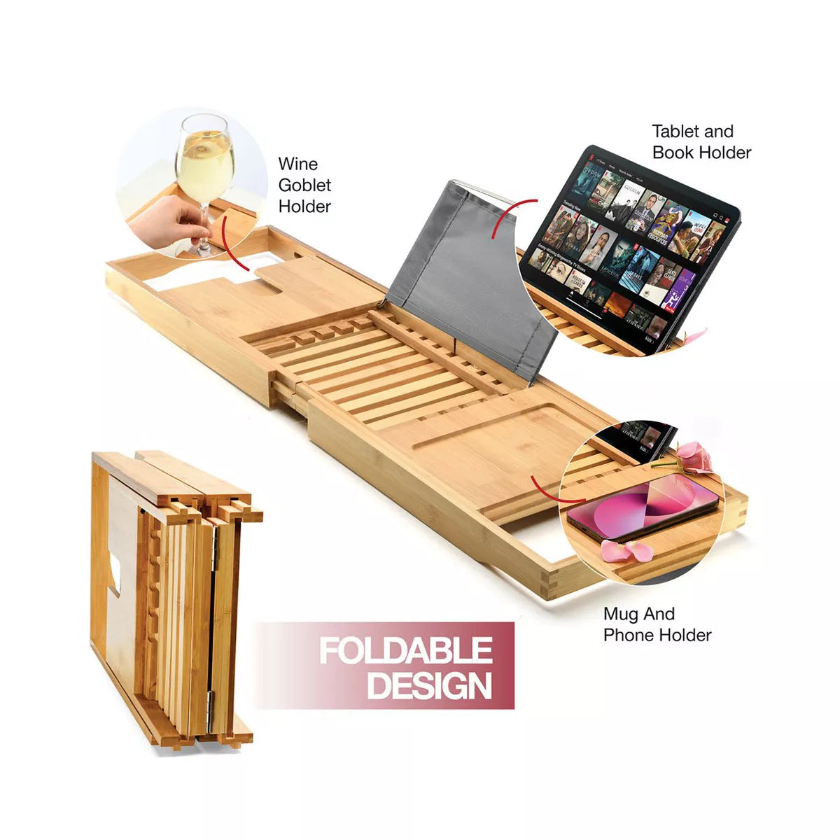 tub Caddy - Foldable Expandable Size, Fits Most Tubs Waterproof tub Tray & Caddy Tray Holder for Wine Glass, Book, Soap, Phone Homeitusa