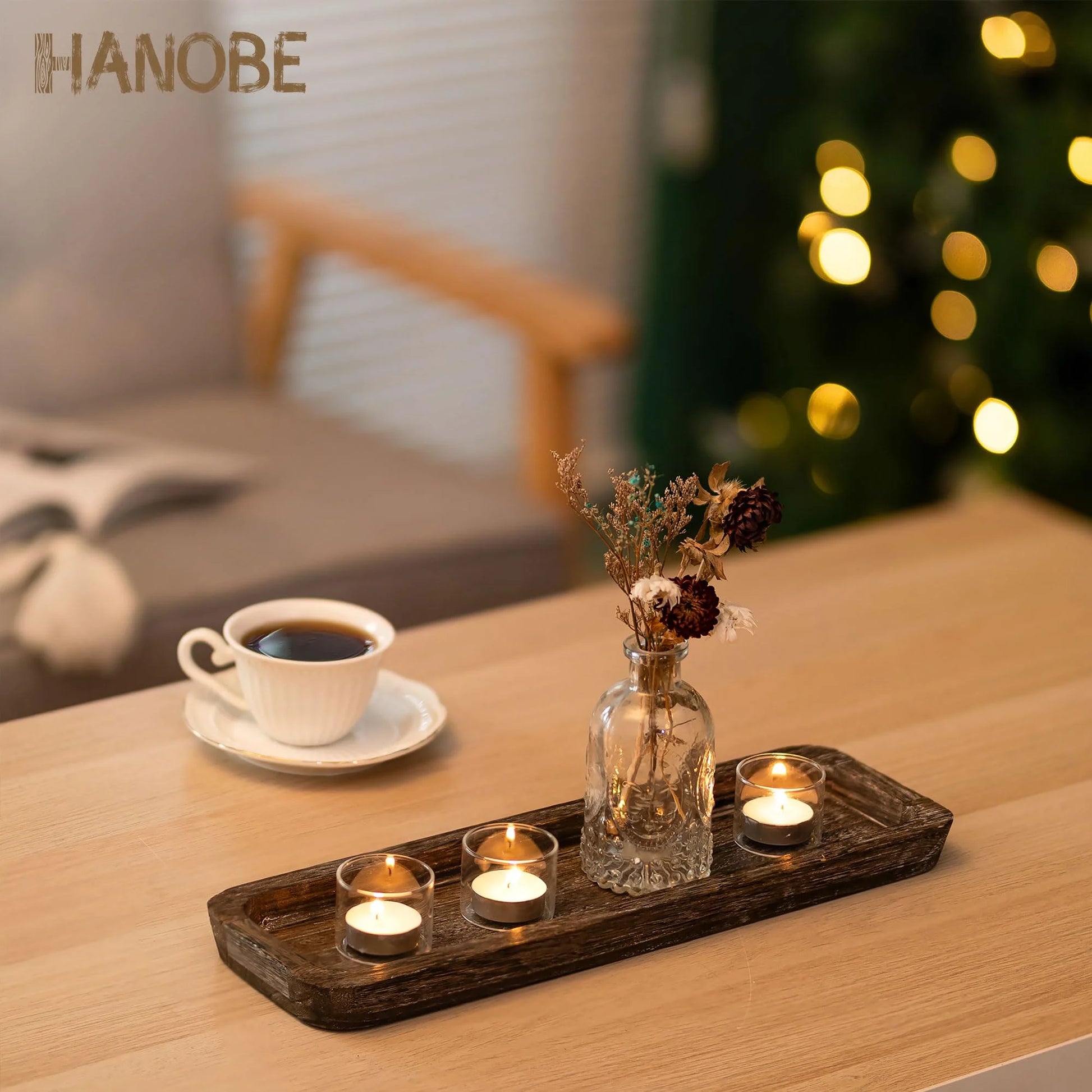 Decorative Tray Candle Tray Holder-Long Narrow Wooden Centerpiece Tray for Coffee Table