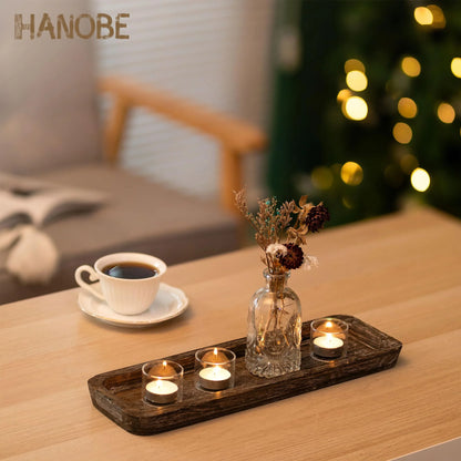 Decorative Tray Candle Tray Holder-Long Narrow Wooden Centerpiece Tray for Coffee Table
