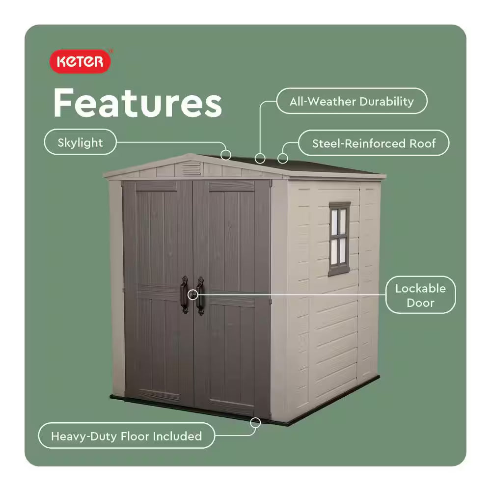 Factor 6 Ft. W X 6 Ft. D Outdoor Durable Resin Plastic Storage Shed with Double Doors, Taupe Brown (37.43 Sq. Ft.)