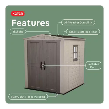 Factor 6 Ft. W X 6 Ft. D Outdoor Durable Resin Plastic Storage Shed with Double Doors, Taupe Brown (37.43 Sq. Ft.)