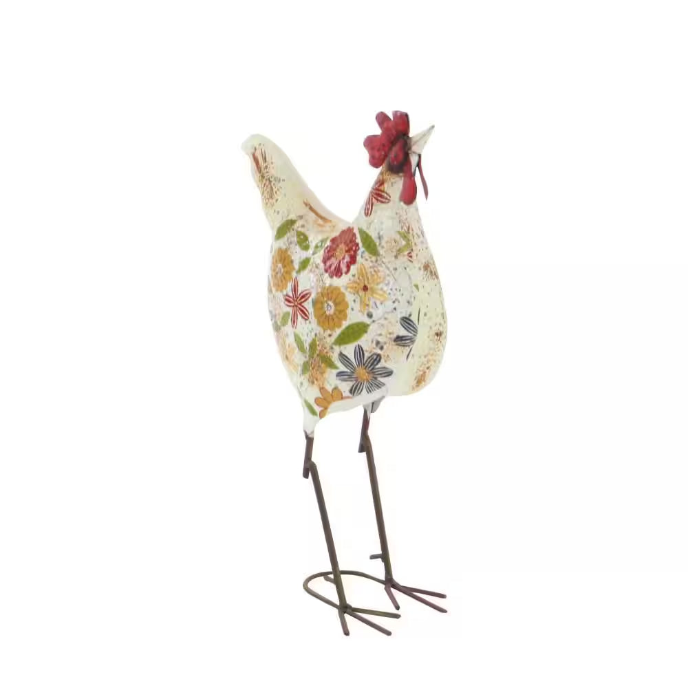 17 In. Metal Indoor Outdoor Distressed Standing Rooster Garden Sculpture with U Shaped Feet