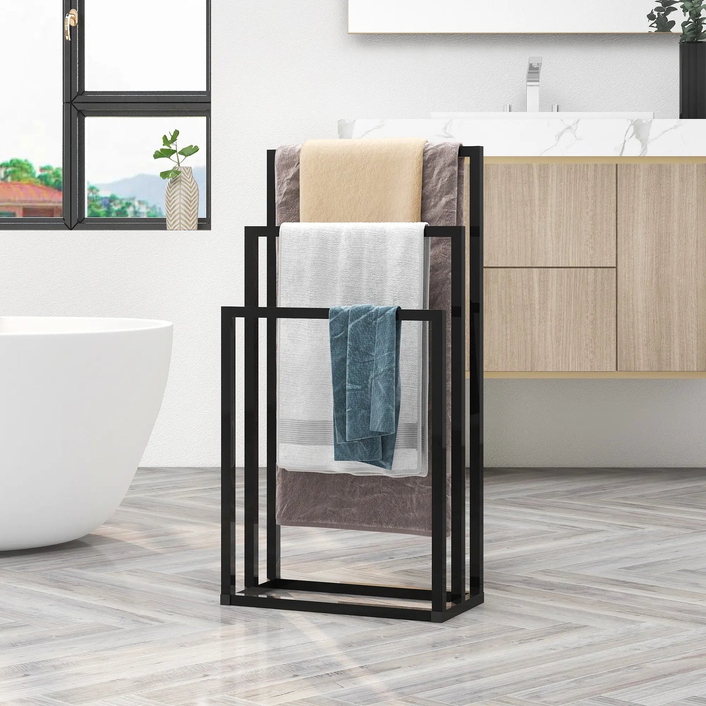 Lightweight Metal Freestanding Towel Rack - 3-Tier Hand Towel Holder Organizer for Bathroom, Shower Accessories, Easy Installation, Gift-Worthy, Complete Pack, Black