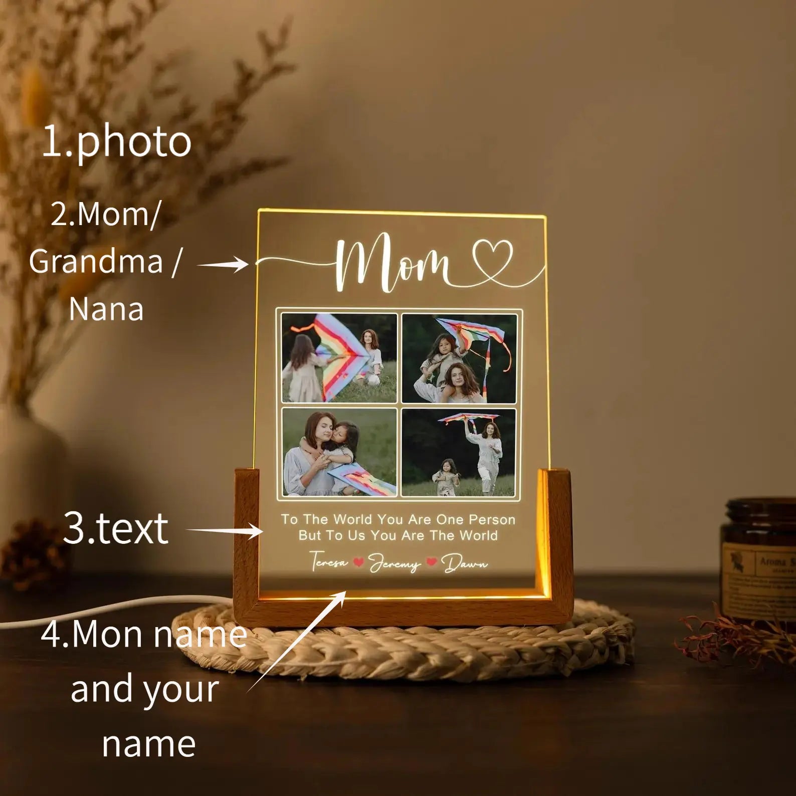 Personalized Photo Night Light, Mother'S Day Gift, Mother Gifts, Birthday Gift for Mommy, Custom Mother'S Day Gift for Mom Wife Grandma Nana, Mum Gift from Daughter, Custom Mother’S Day Night Light with Warm Walnut Wood Base, Bedroom Decor