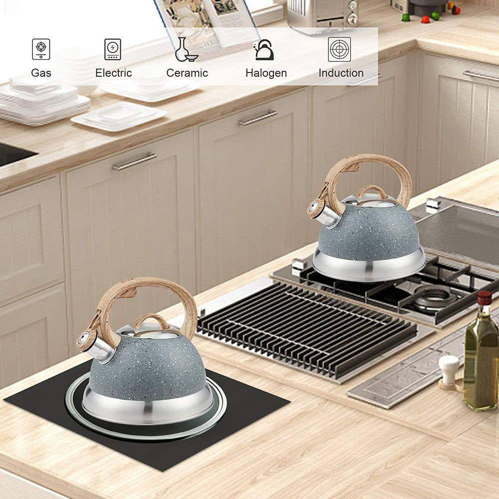 9 Cups Opaque Gray with Speckle Stainless Steel Whistling Tea Kettle Teapot with Ergonomic Wood Rubber Touching Handle
