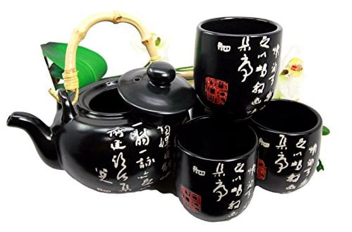 Chinese Calligraphy Black Glazed Porcelain 27Oz Tea Pot with 4 Cups Set Teapot