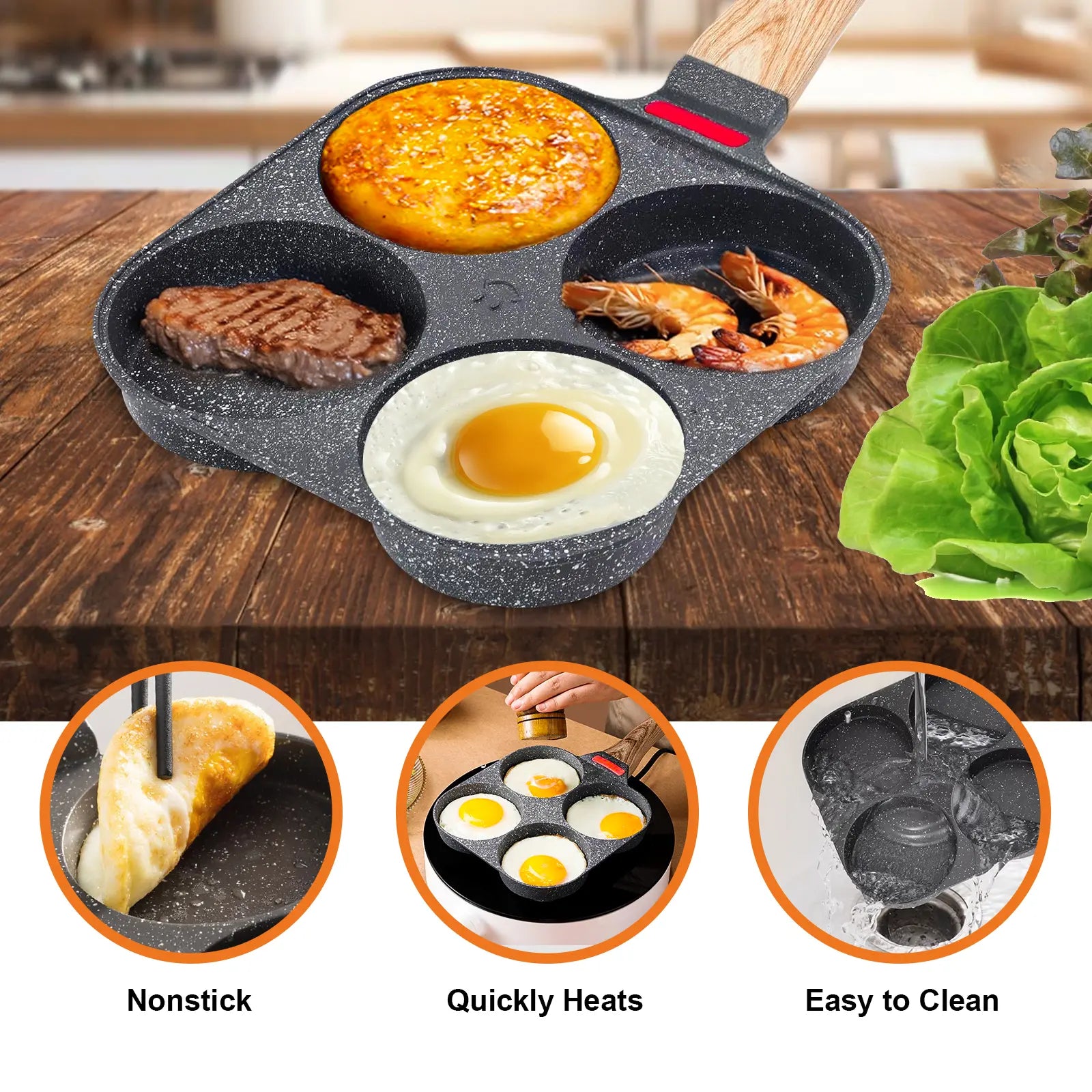 Non-Stick Hole Design Egg Frying Pan, 4 Hole Skillet with Handle, Small Egg Fry Pan 3-In-1 Divided Grill Pan, Wooden Handle Stone Omelet Non-Stick Cookware, Breakfast Pancake Pan, Kitchen Gadgets for Gas and Induction Cooktops Gas Stove