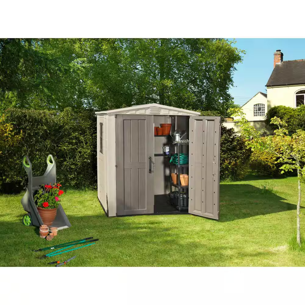 Factor 6 Ft. W X 6 Ft. D Outdoor Durable Resin Plastic Storage Shed with Double Doors, Taupe Brown (37.43 Sq. Ft.)