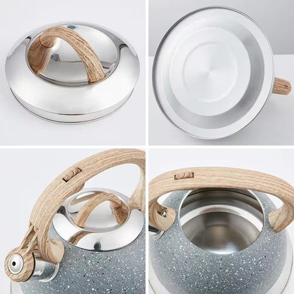 9 Cups Opaque Gray with Speckle Stainless Steel Whistling Tea Kettle Teapot with Ergonomic Wood Rubber Touching Handle