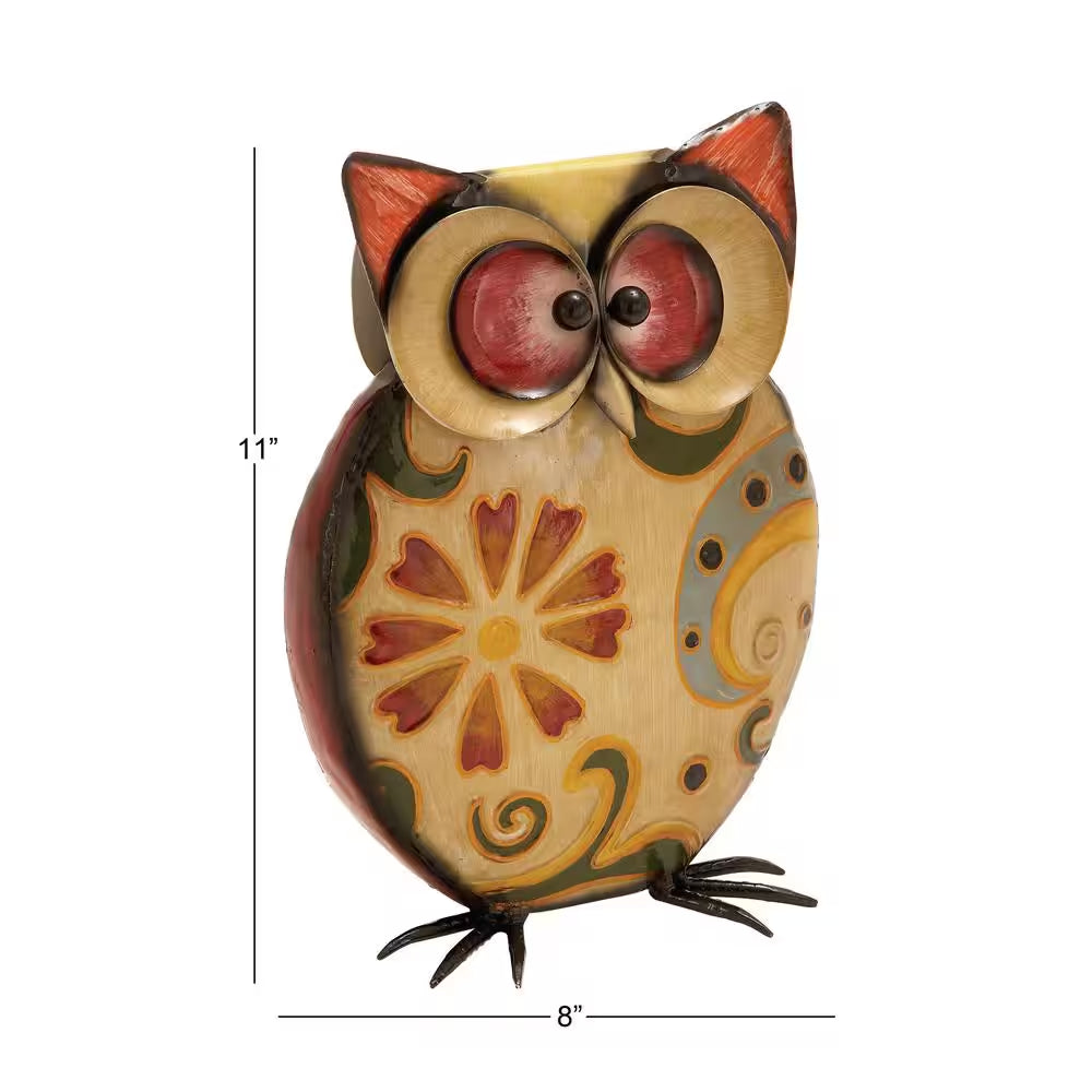 11 In. Metal Indoor Outdoor Owl Garden Sculpture with Floral Pattern