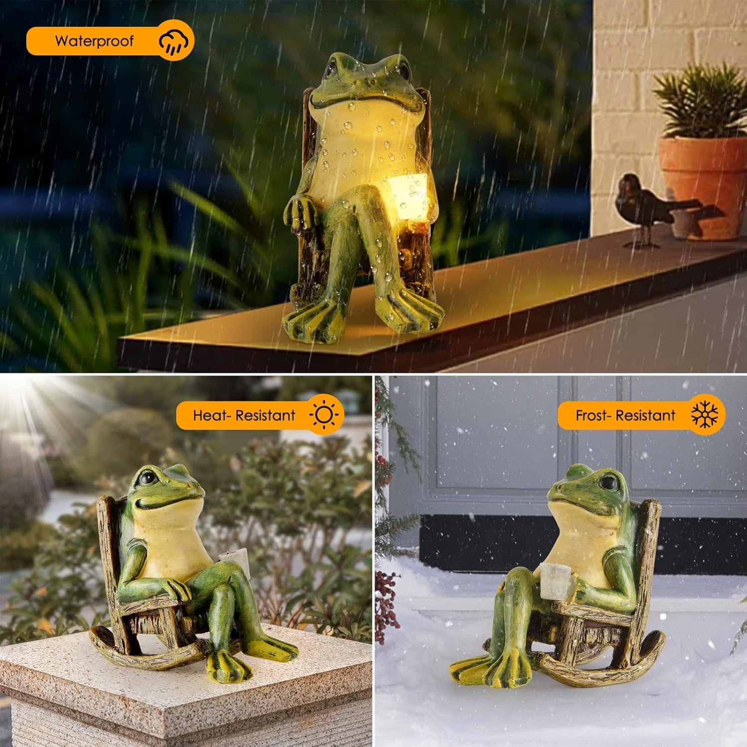 Solar Garden Statue, Miniature Frog Garden Statue with Warm LED Light, Waterproof Garden Solar Lights Outdoor/Indoor Yard Decor, Unique Housewarming Gift, 3.9" X 2.3" X 3.9"