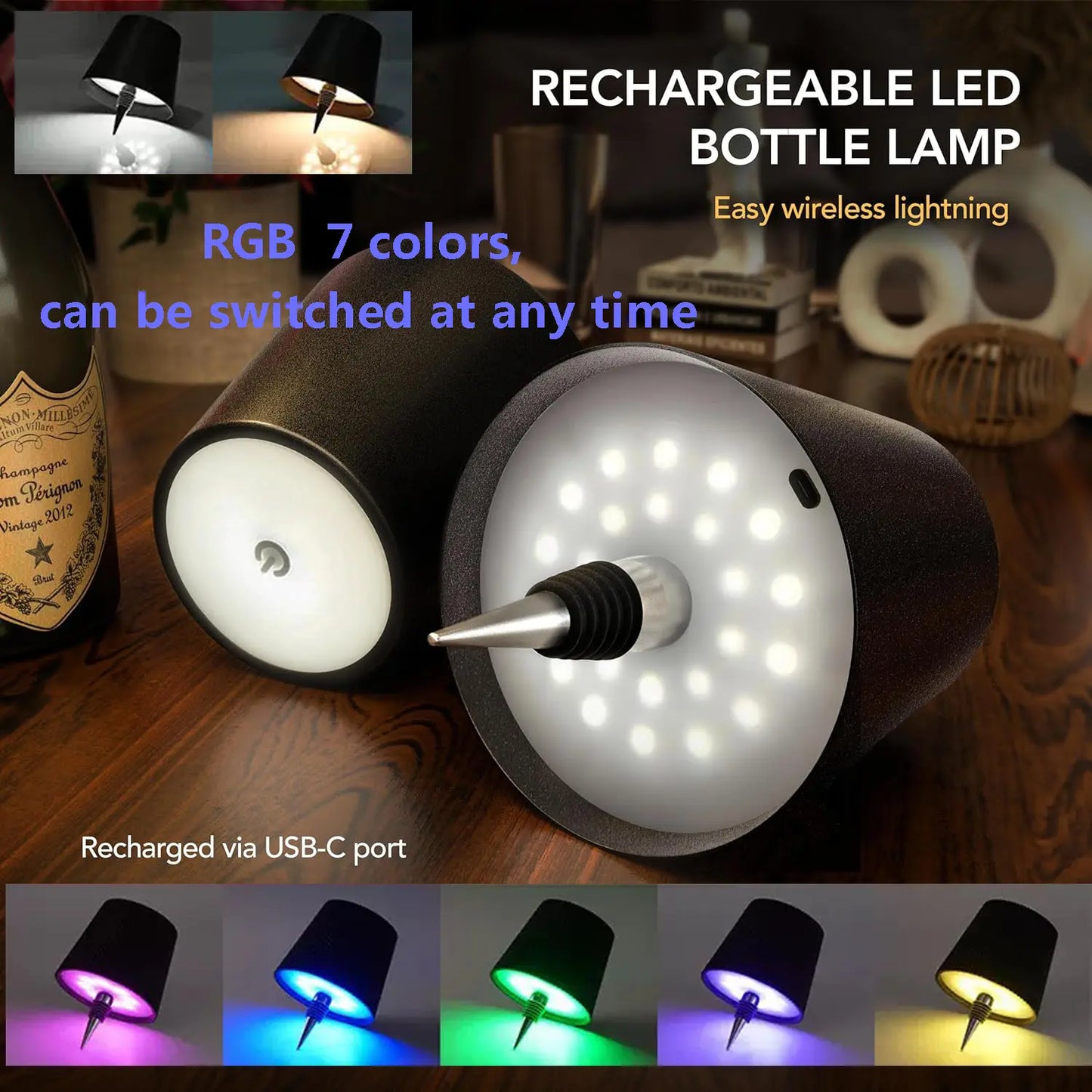 2026 New Wireless Bottle Lamp - Ledstock Upbottle Lights for Liquor & Wine Bottles,Cordless Lampshade, Whiskey Bottle Toplight, Bottle Stopper Night Light Kit,Rechargeable 3-Tone Touch-Dimmable
