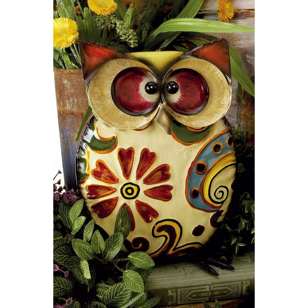 11 In. Metal Indoor Outdoor Owl Garden Sculpture with Floral Pattern