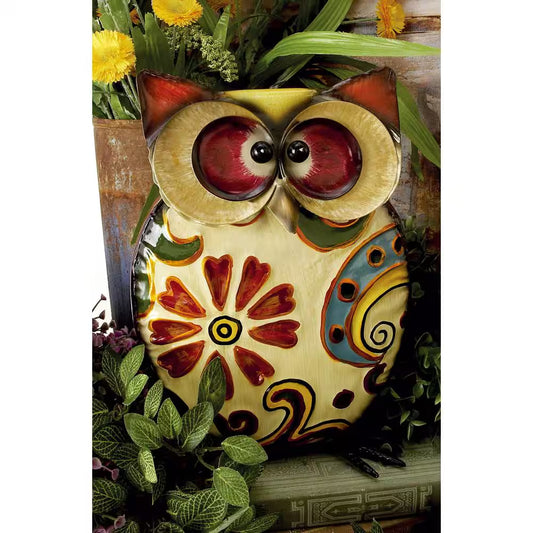 11 In. Metal Indoor Outdoor Owl Garden Sculpture with Floral Pattern
