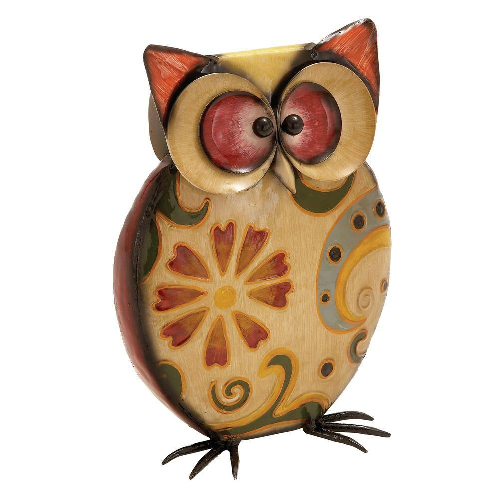 11 In. Metal Indoor Outdoor Owl Garden Sculpture with Floral Pattern
