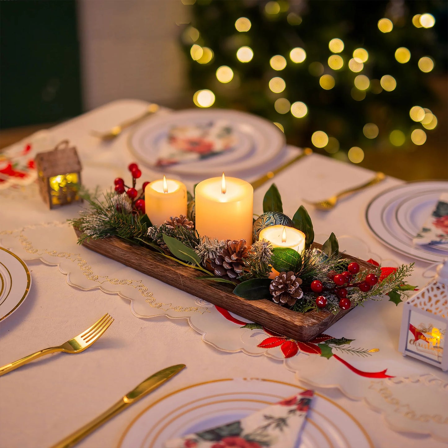Decorative Tray Candle Tray Holder-Long Narrow Wooden Centerpiece Tray for Coffee Table