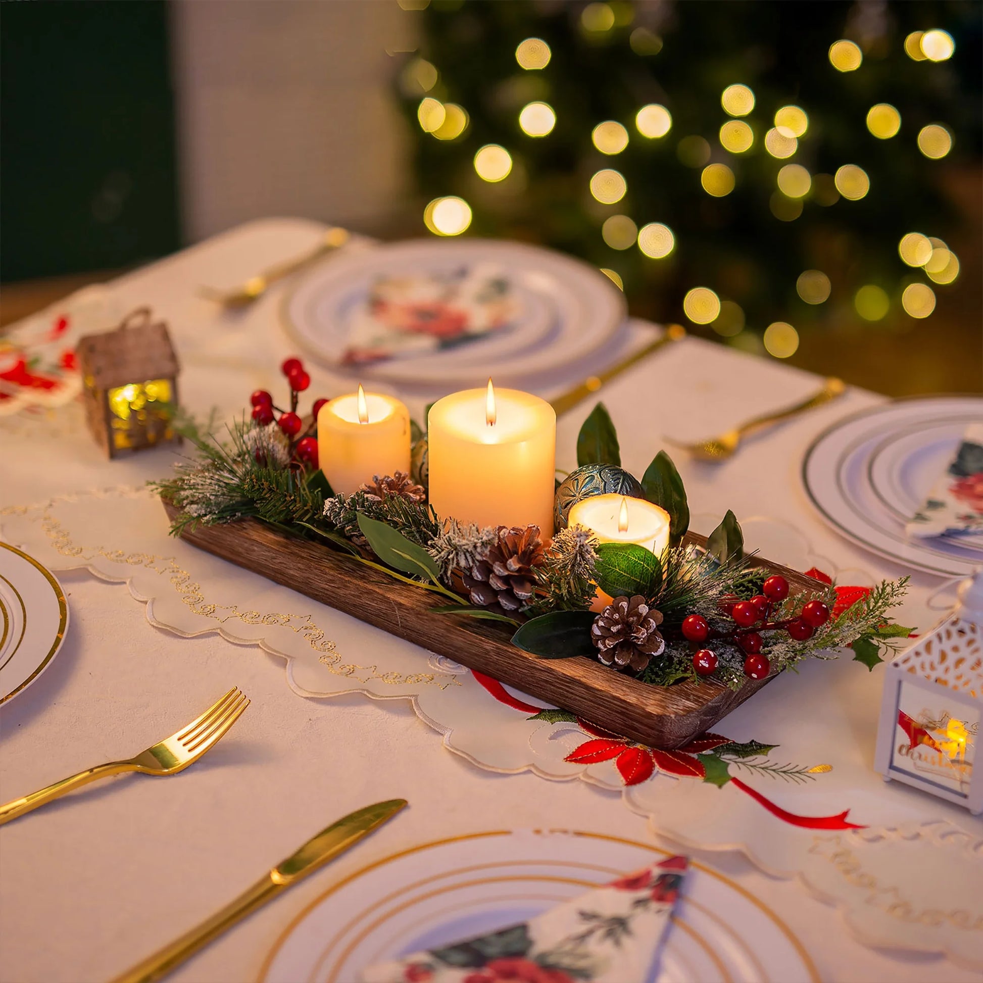 Decorative Tray Candle Tray Holder-Long Narrow Wooden Centerpiece Tray for Coffee Table