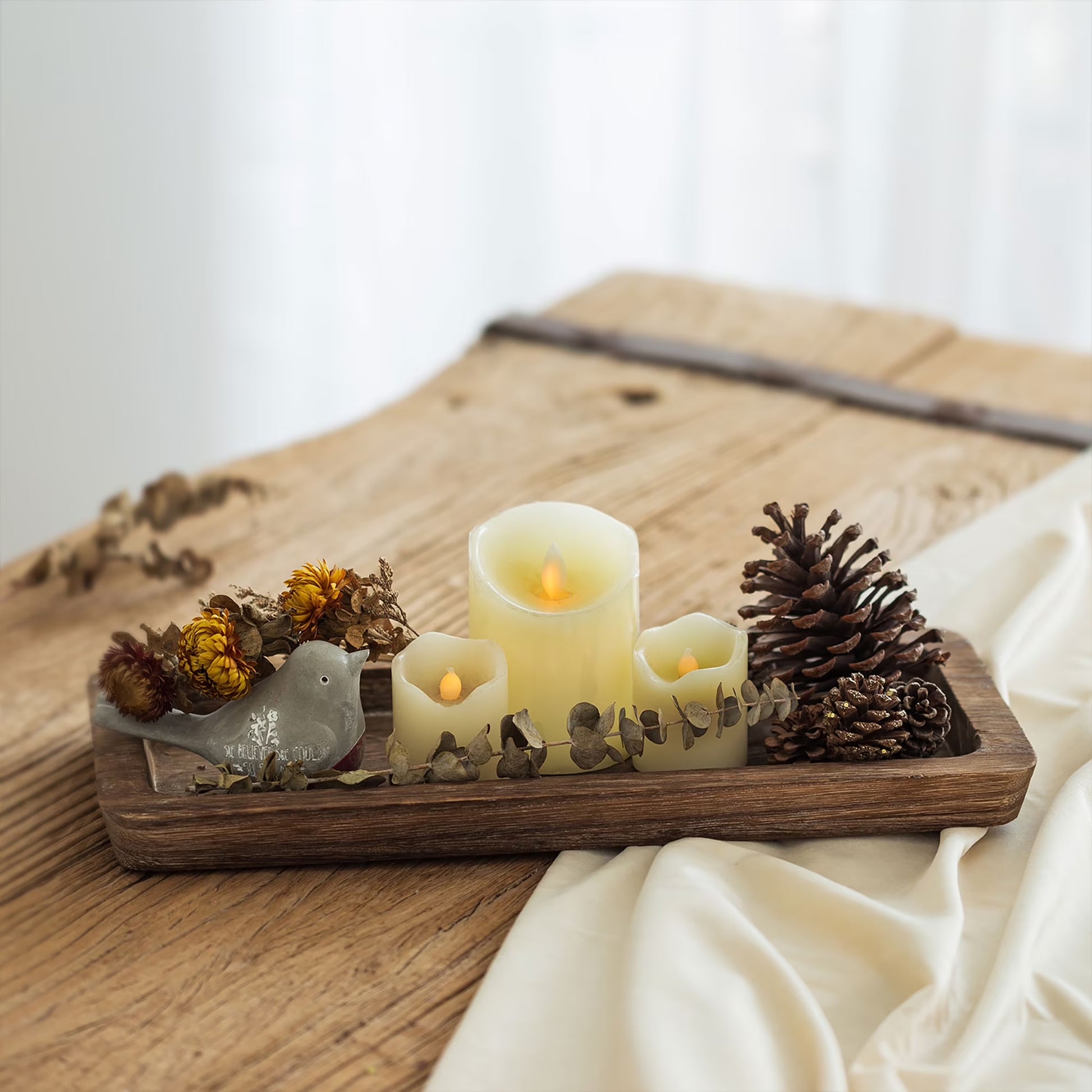 Decorative Tray Candle Tray Holder-Long Narrow Wooden Centerpiece Tray for Coffee Table
