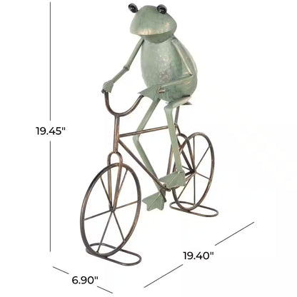 19 In. Metal on Bicycle Frog Garden Sculpture with Gold Accents