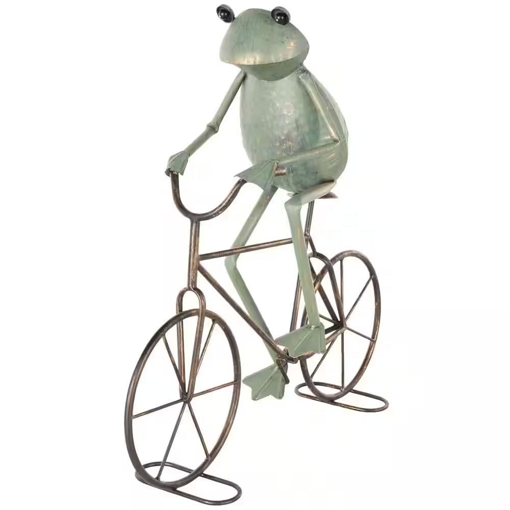 19 In. Metal on Bicycle Frog Garden Sculpture with Gold Accents