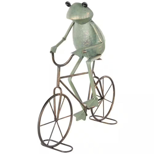 19 In. Metal on Bicycle Frog Garden Sculpture with Gold Accents