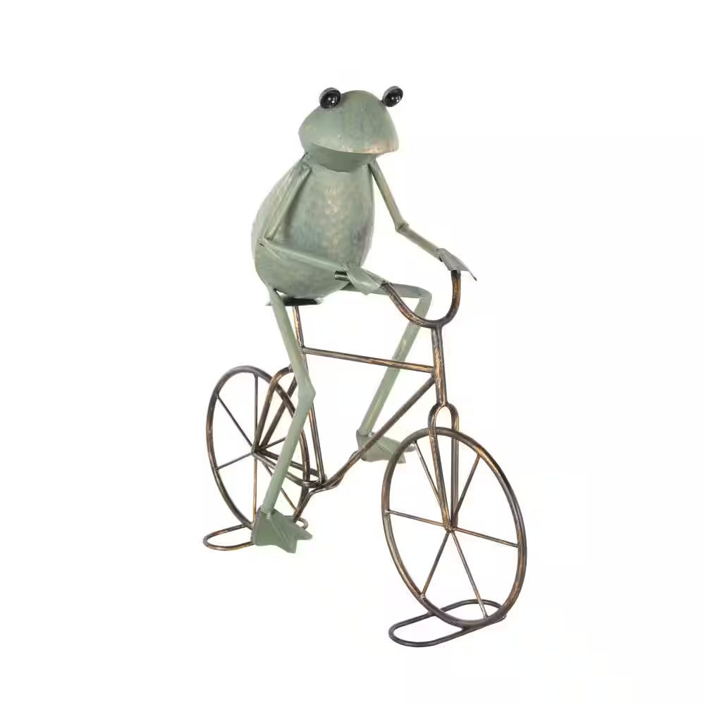 19 In. Metal on Bicycle Frog Garden Sculpture with Gold Accents