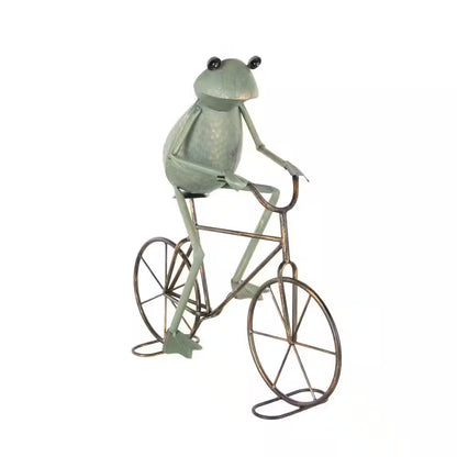 19 In. Metal on Bicycle Frog Garden Sculpture with Gold Accents