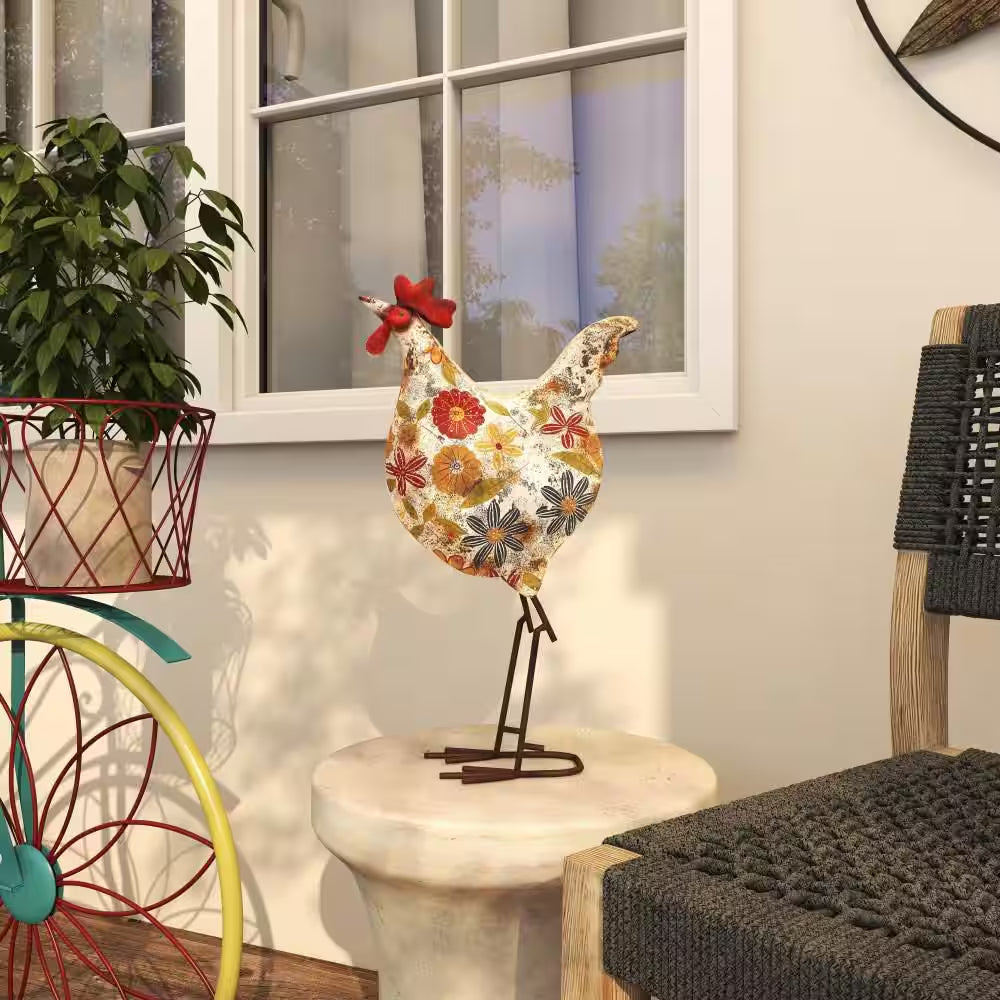 17 In. Metal Indoor Outdoor Distressed Standing Rooster Garden Sculpture with U Shaped Feet