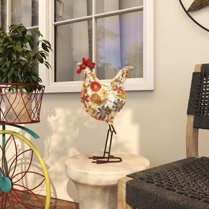 17 In. Metal Indoor Outdoor Distressed Standing Rooster Garden Sculpture with U Shaped Feet