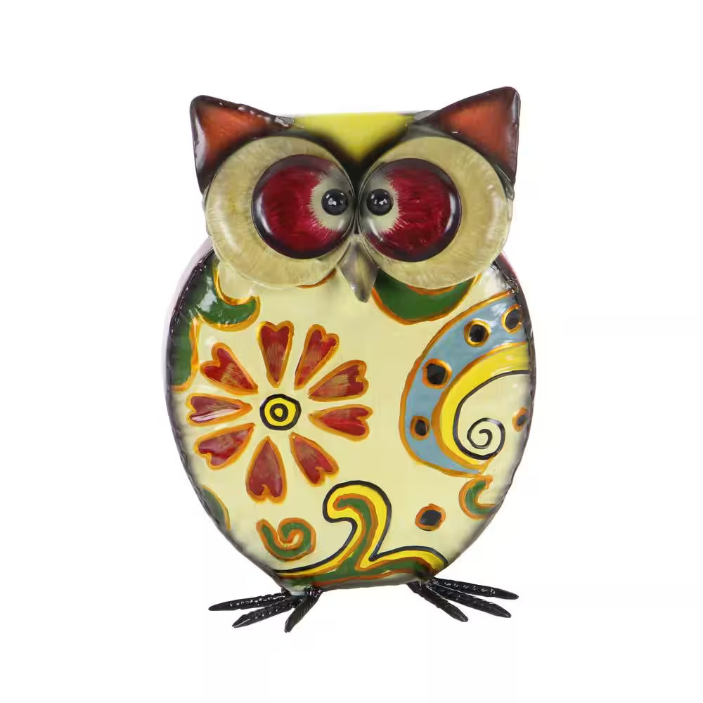 11 In. Metal Indoor Outdoor Owl Garden Sculpture with Floral Pattern