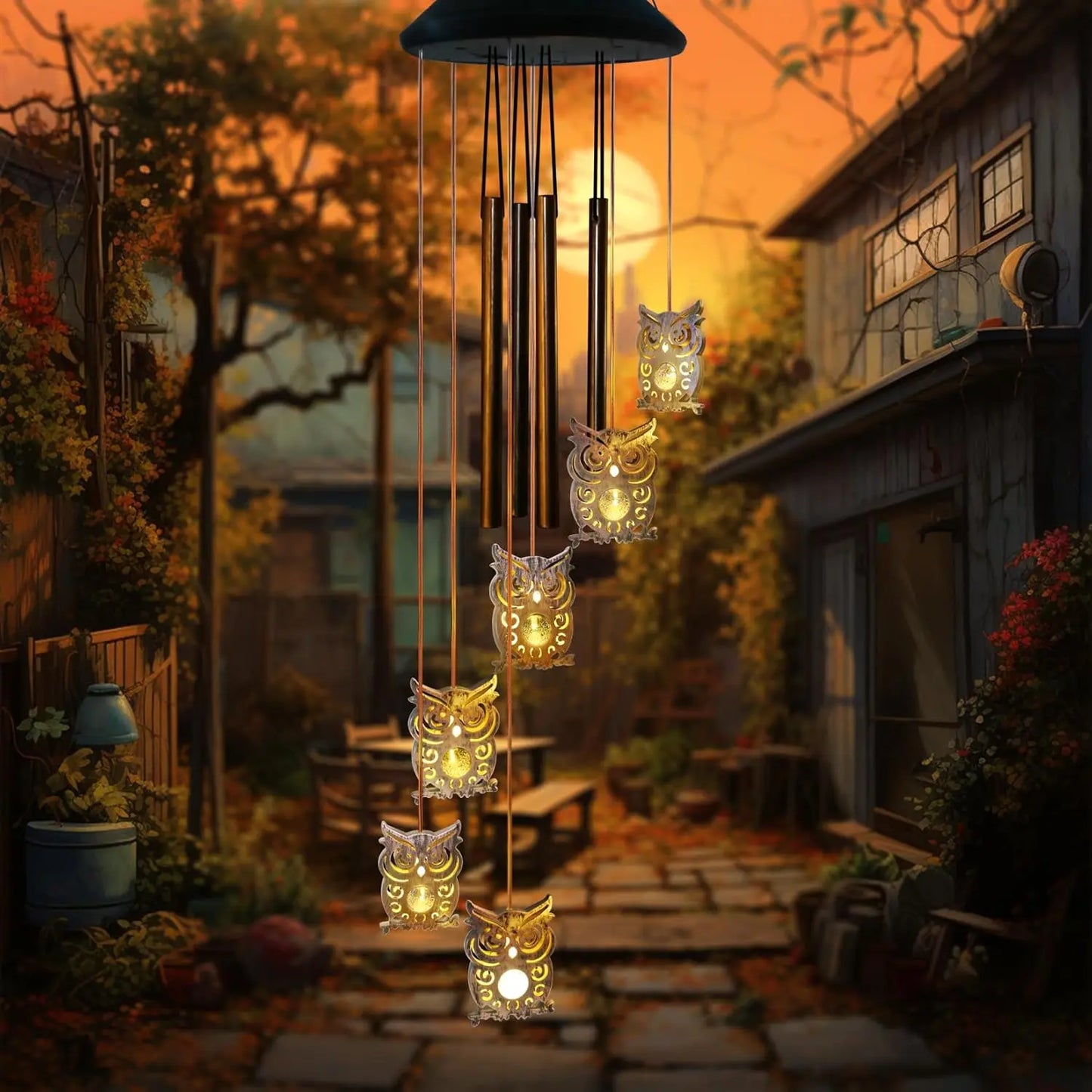 6 LED Solar Owl Wind Chimes Outdoor,Mom Gifts for Mothers Day Grandma Wife Gift Solar Owl Wind Chimes for Outside,Hanging Lights Warm Led,Outdoor Owl Decor