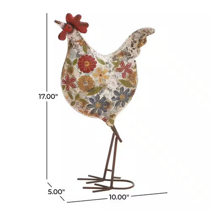 17 In. Metal Indoor Outdoor Distressed Standing Rooster Garden Sculpture with U Shaped Feet