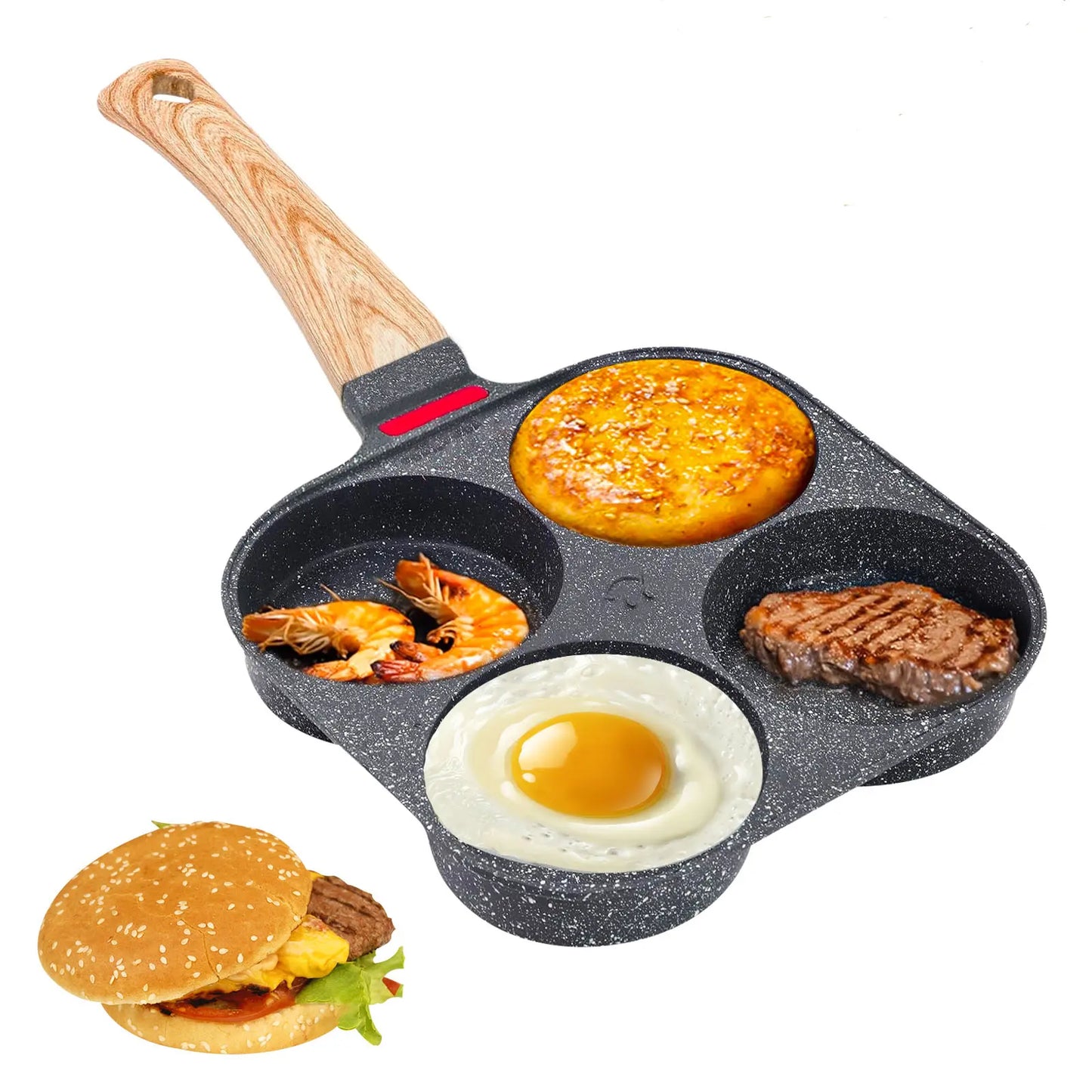 Non-Stick Hole Design Egg Frying Pan, 4 Hole Skillet with Handle, Small Egg Fry Pan 3-In-1 Divided Grill Pan, Wooden Handle Stone Omelet Non-Stick Cookware, Breakfast Pancake Pan, Kitchen Gadgets for Gas and Induction Cooktops Gas Stove