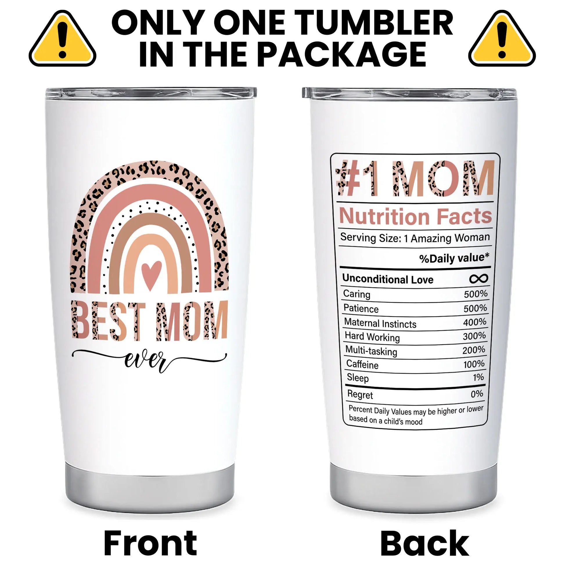 MAKEAGIFT Best Mom Ever 20 Oz Tumbler - #1 Mom Nutrition Facts Insulated Tumblers - Mothers Day, Birthday Gifts for Mom from Daughter, Son, Kids